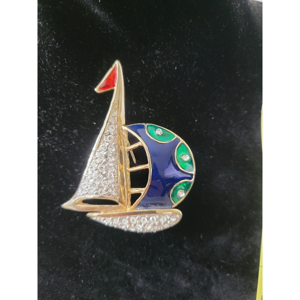 Vintage Style Sailboat Brooch Pin Gold Tone Clear Rhinestones Blue Green Enamel